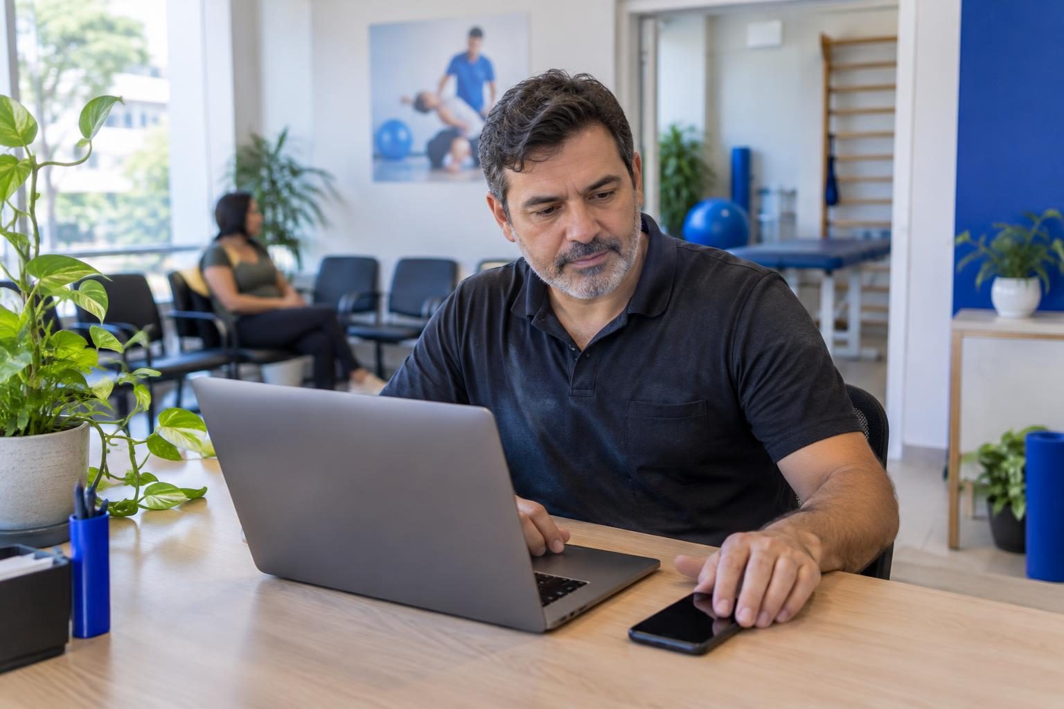 Atendente de clínica organizando o atendimento de pacientes no computador e no celular