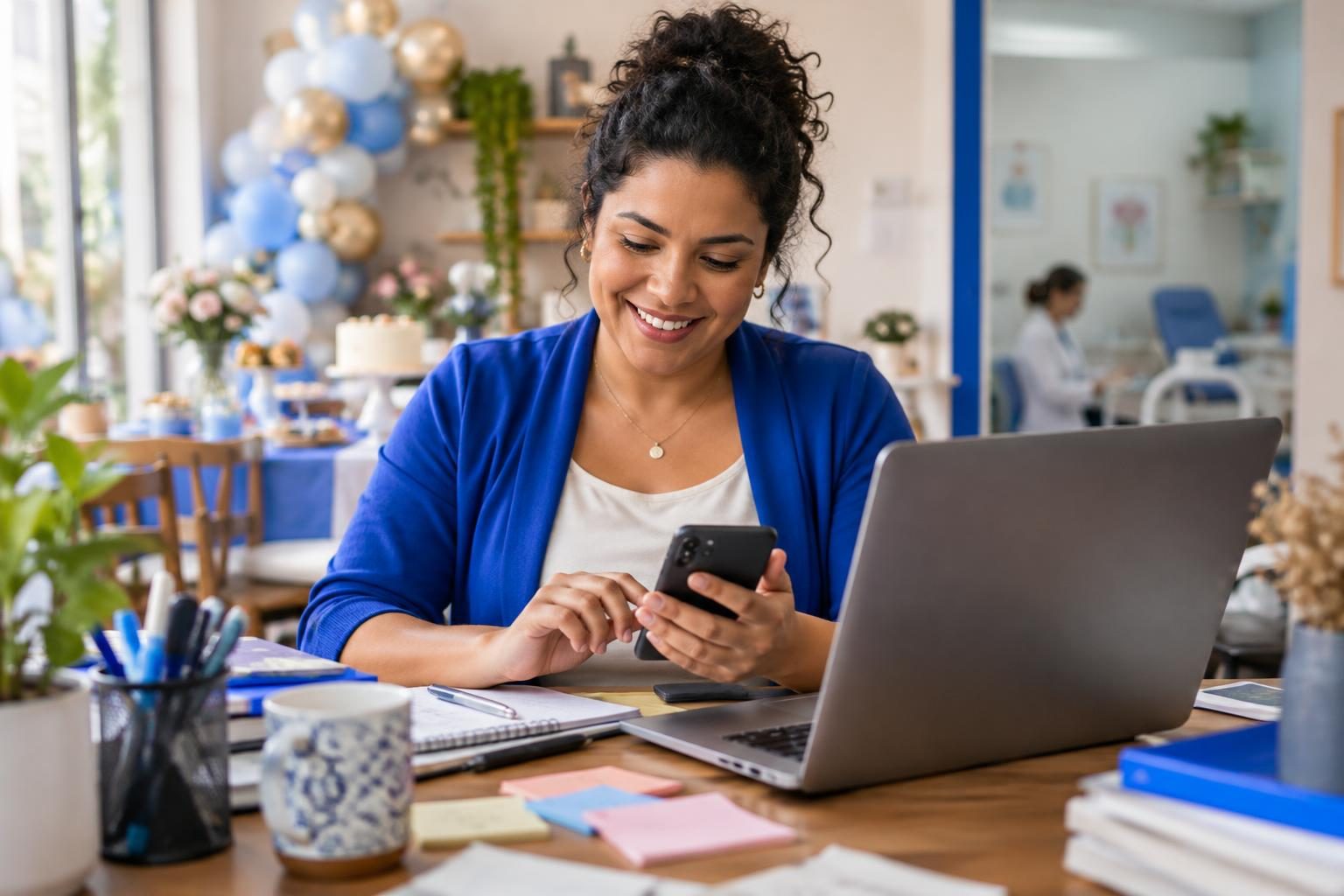 Empreendedora respondendo clientes pelo WhatsApp em seu escritório
