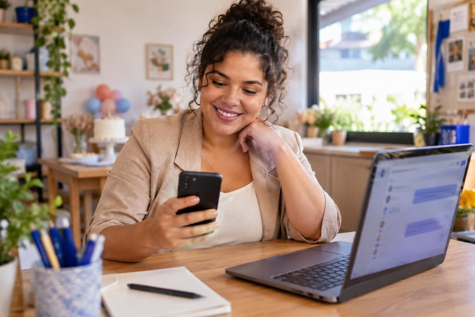 Empreendedora olhando o celular sorrindo enquanto trabalha em seu escritório