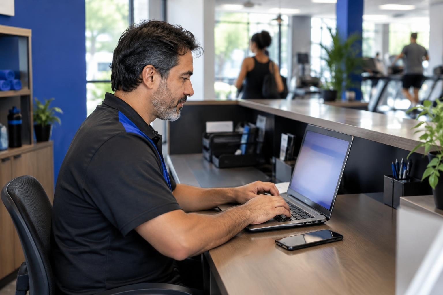 Funcionário organizando atendimentos no computador em um ambiente de trabalho real