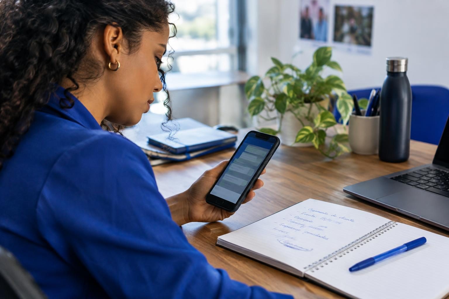 Funcionária lendo mensagem de cliente no celular para avaliar se o lead está qualificado