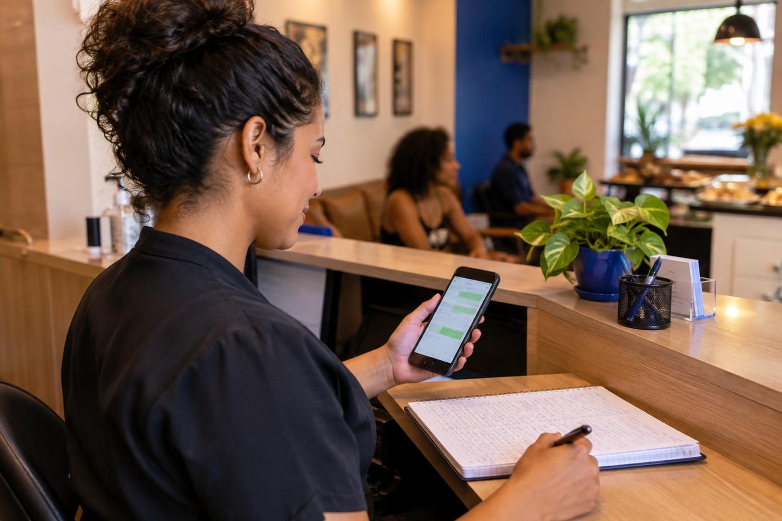 Atendente organizando conversas de clientes entre o celular e anotações no balcão