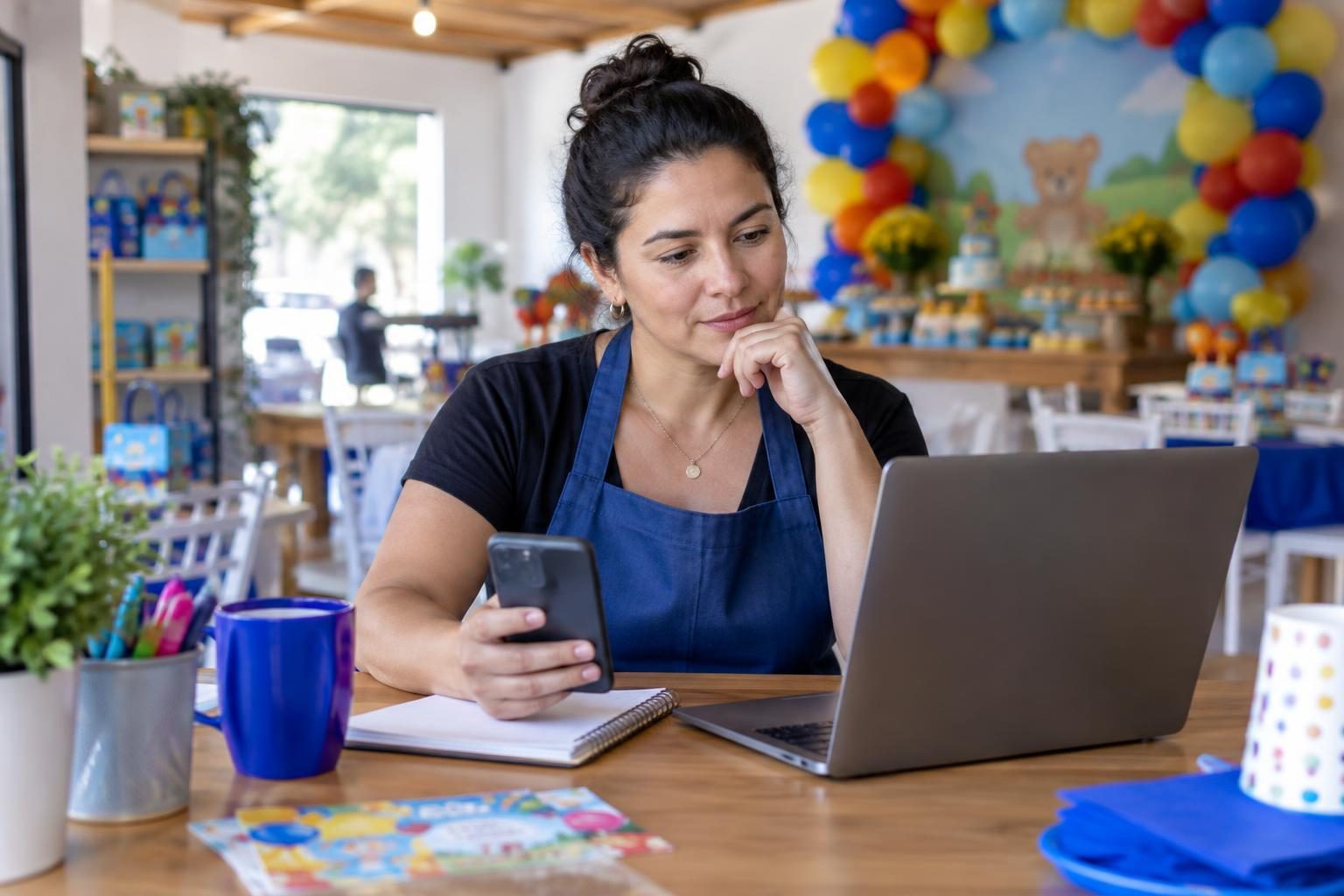 Dona de buffet infantil analisando o celular e o notebook no espaço de festas