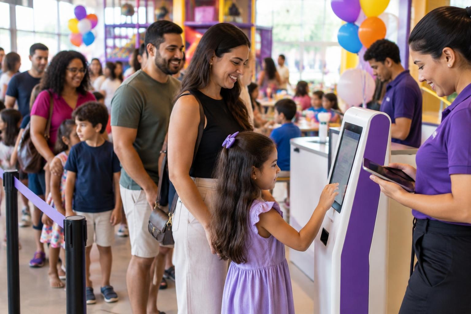 Fila de famílias sendo atendida rapidamente na entrada de um buffet infantil