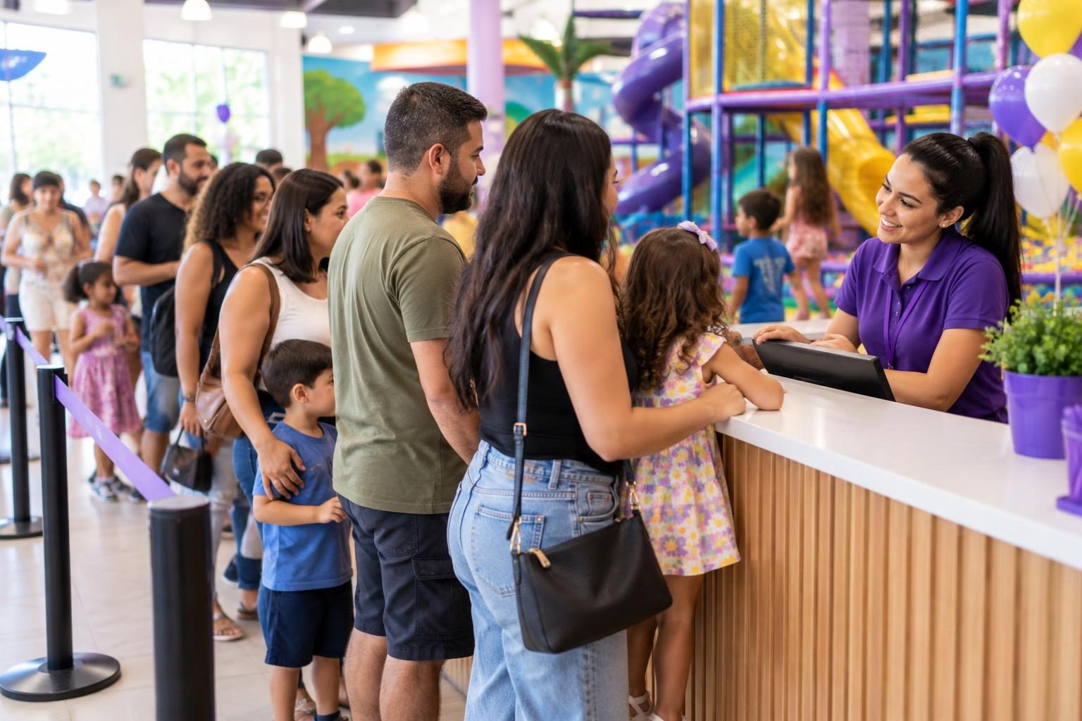 Fila de pais e crianças esperando para entrar em um espaço kids movimentado