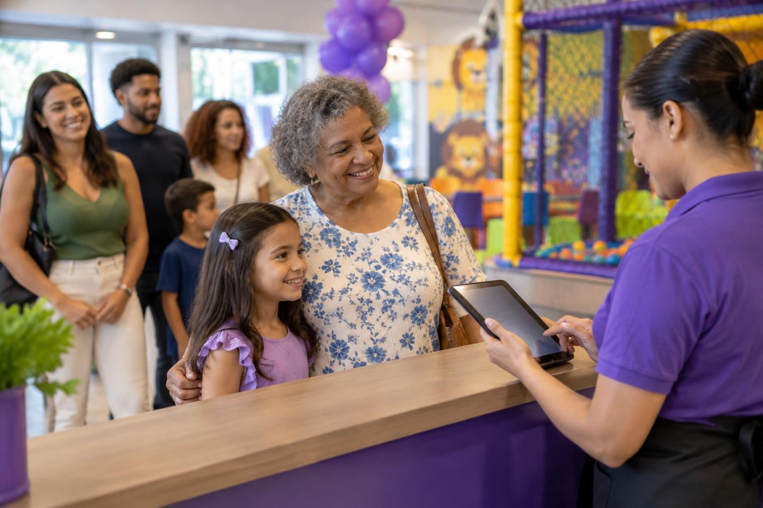 Avó buscando a neta no buffet enquanto a equipe confirma a autorização no sistema